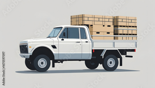 Flat vector illustration of a white pickup truck with cargo in the back, minimal clean style, isolated on white background, transport and delivery concept