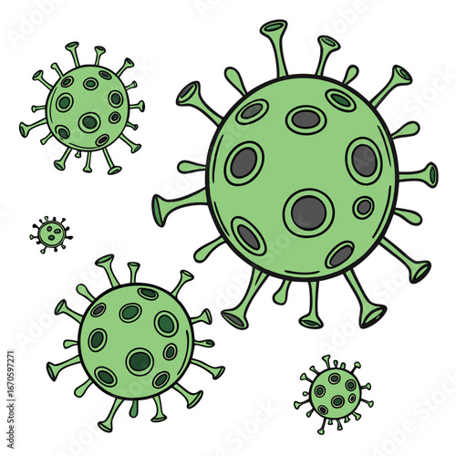A stylized graphic showing multiple green, spherical virus-like particles with spike-like protrusions and dark surface spots, varying in size to suggest depth or spread.