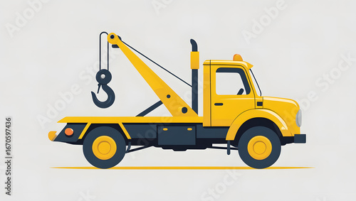 Flat vector illustration of a yellow tow truck with hook, minimal clean style, isolated on white background, vehicle for transport and roadside assistance