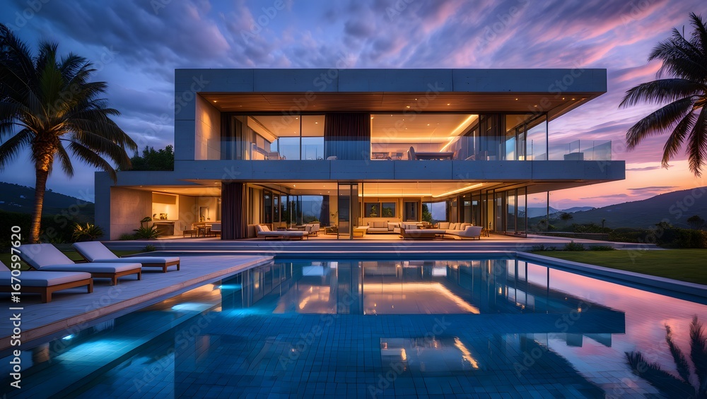 Obraz premium Modern house with pool, luxurious villa with swimming pool at dusk, Luxurious villa with a swimming pool and spacious patio, highlighting elegant and modern architectural design.