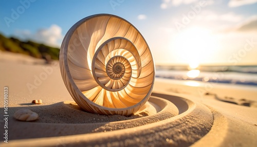 Nautilus shell spiral pattern on a sandy beach at sunset