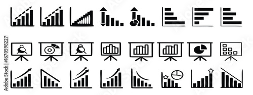 Business graphs and charts icons. Chart and diagram Icon. Business statistics and analytics, charts diagrams, money, down or up arrow. Vector illustration 
