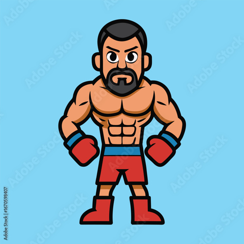 Cartoon boxer with muscular physique and a friendly smile ready for a friendly sparring match