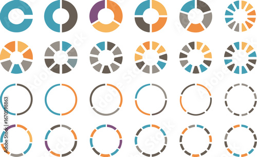 Pie chart set, segmented circle icons, circle diagram. Pie chart divided 1,2,3,4,5,6 equal parts. Infographic wheel segment or sections parts. Vector illustration