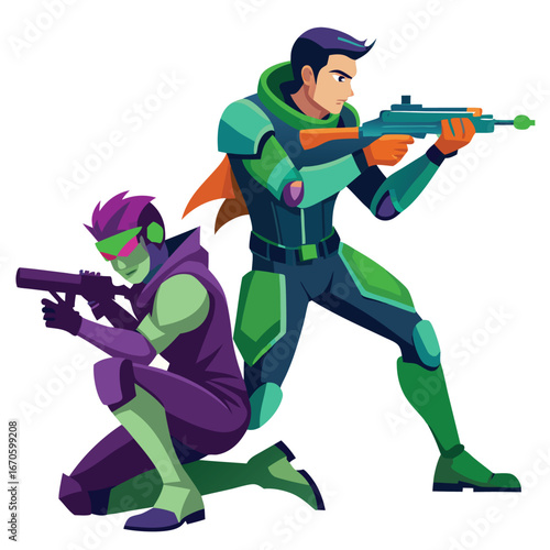 Two futuristic soldiers with weapons isolated on white background
