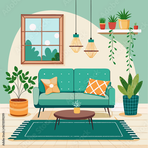 Cozy living room with teal sofa and abundant houseplants