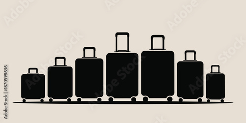 A silhouette illustration of a row of various sized suitcases on wheels against a light background