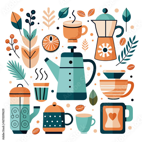 Cozy coffee and tea collection with botanical elements