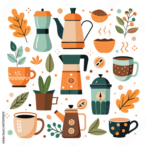 Cozy autumn coffee collection with mugs and pots