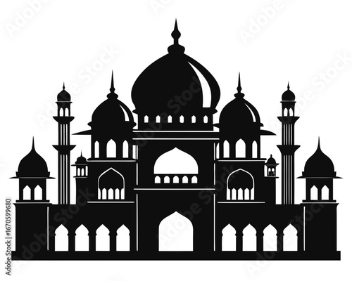 Black silhouette of a grand mosque or palace with domes and minarets