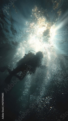 Wallpaper Mural A scuba diver silhouetted against the sun, ascending through ocean bubbles. Torontodigital.ca