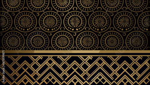 Elegant art deco geometric pattern with gold accents on black background