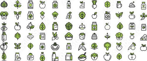Collection of outlined illustrations of fruits vegetables and plant based products in black and green color. Food Icon set. Vegan icons set ilustration