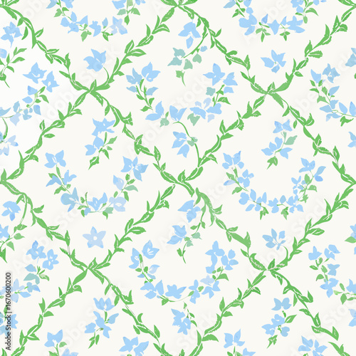 Delicate blue floral vines with green leaves on a cream background