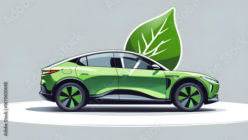 Green electric city car with leaf icon, eco-friendly transportation concept, sustainable urban mobility isolated clean vector illustration