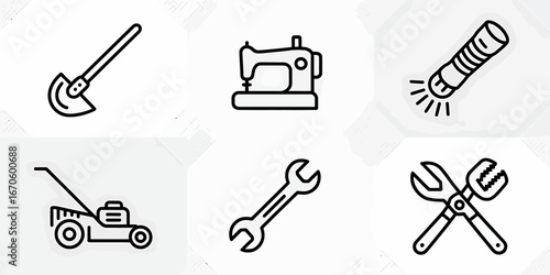 Collection of Utility Icons Featuring Gardening Sewing and Repair Equipment in Black and White Design