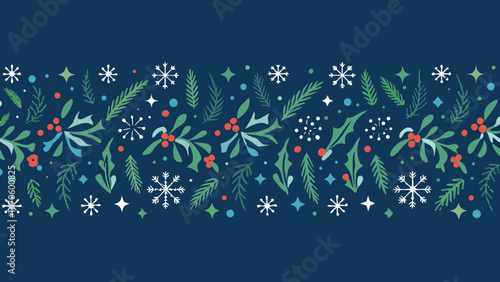 Seamless holiday border with holly berries and snowflakes