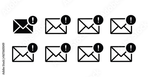 Envelope Notification Icon Set: Black Silhouettes with Alert Symbols Representing Email, Message, Communication, and Urgency Concepts