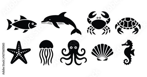 Sea Creature Silhouette Set: Fish, Dolphin, Crab, Turtle, Starfish, Jellyfish, Octopus, Seashell, and Seahorse in Bold Black Icons