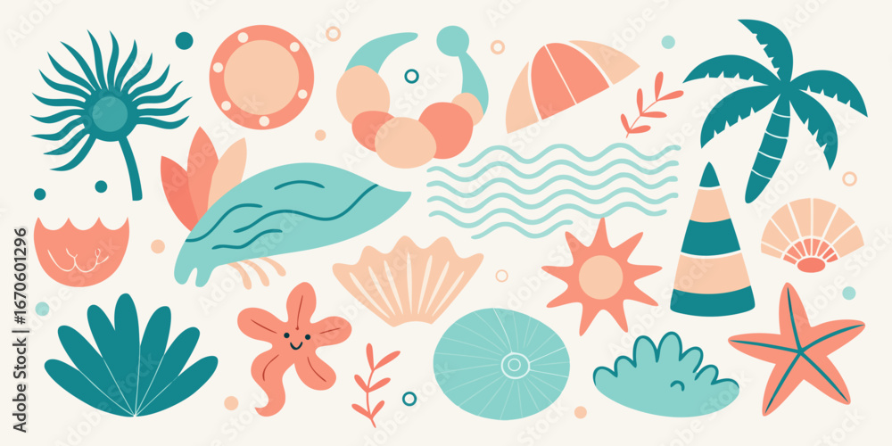 Obraz premium Cute summer beach elements collection with tropical vibes