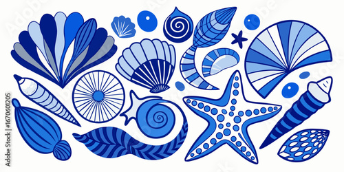 Collection of blue and white stylized seashells and starfish
