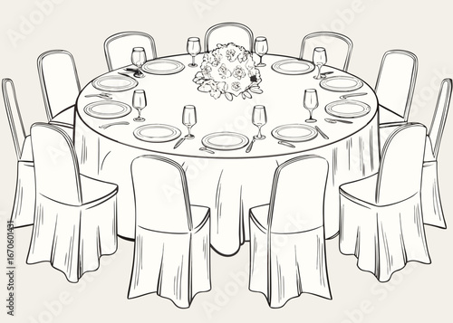 Elegant round banquet table setting with floral centerpiece and chairs