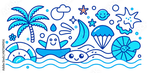 Whimsical summer beach scene with cute characters and tropical elements