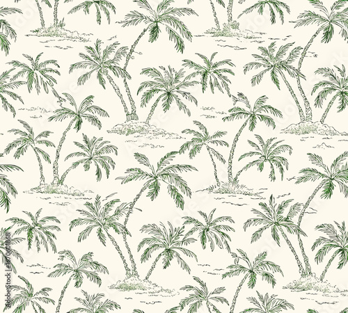 Seamless pattern of green palm trees on a cream background in a sketched style