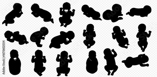 Collection of baby silhouettes in various poses, including lying down, sitting, and reaching with their arms.