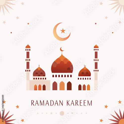 Ramadan kareem greeting with mosque and crescent moon
