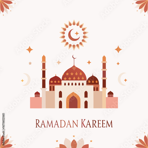 Ramadan kareem greeting with a mosque and islamic symbols