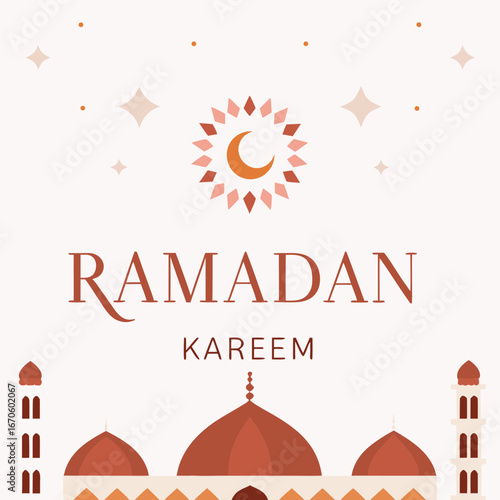 Ramadan kareem greeting with islamic mosque and crescent moon design