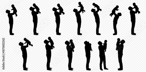 A collection of silhouette images depicting a father holding, lifting, and playing with his baby.