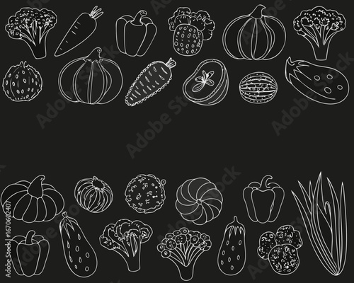 Collection of hand drawn white vegetables and fruits on a black background