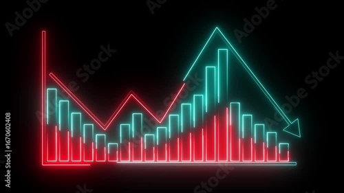 Wallpaper Mural glowing neon red and cyan color business graph icon animation  business report presentation growth bar chart line finance stock marketing success profit trend up and down arrow on black background	 Torontodigital.ca