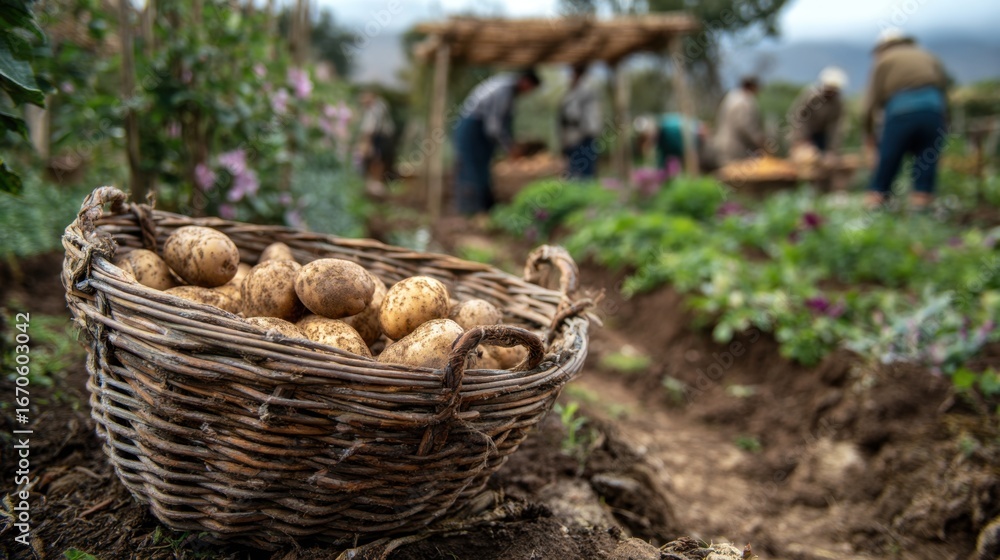 Obraz premium Farmers harvesting potatoes in wicker basket on farm