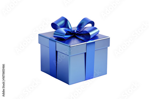 A shiny blue gift box with a bow is presented on a dark isolated background for celebrations transparent background