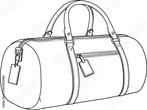 Black and white duffel bag illustration, hand-drawn travel bag design, outline sketch for fashion, luggage, gym, and accessory branding.