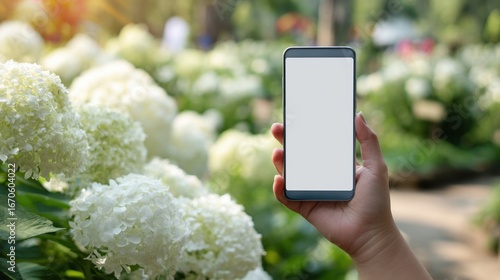 Hand holding smartphone with blank screen in flower garden