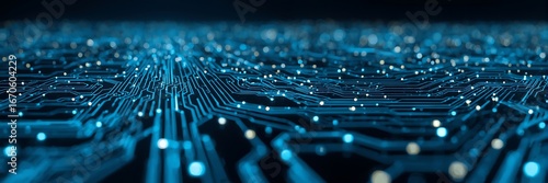 Detailed circuit board with glowing connections and intricate pathways, representing advanced technology, digital infrastructure, and highspeed data transfer in a modern design