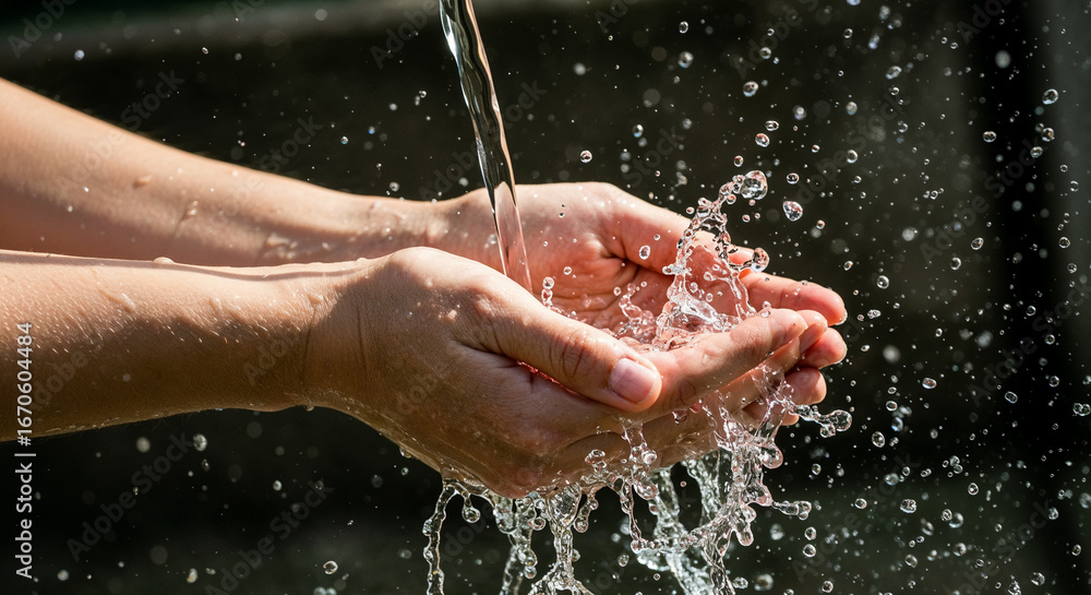 Fototapeta premium Hands cupped catching clear water with splashing droplets