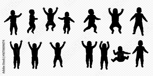 A collection of silhouette illustrations depicting babies and toddlers in various active poses, including jumping, standing, and raising their arms.
