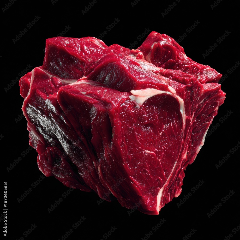 Obraz premium Fresh beef cut ready for seasoning and cooking on a black background with visible marbling