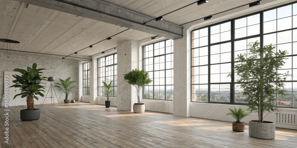 Obraz premium Sunlit Industrial Loft Interior Design Wide Windows, Wooden Floor, Potted Plants, 3D Render,Minimalist,Concrete. Interior Design, 3D Rendering