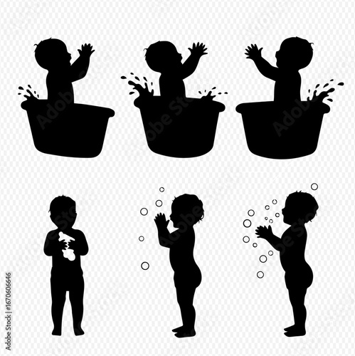 Six black silhouette illustrations of a baby in various stages of bathing, including splashing in a tub and playing with bubbles.