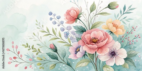 Watercolor Floral Bouquet Pastel Peonies, Anemones and Greenery, Botanical Illustration, Soft Hues, Teal Background. Floral art, Watercolor painting