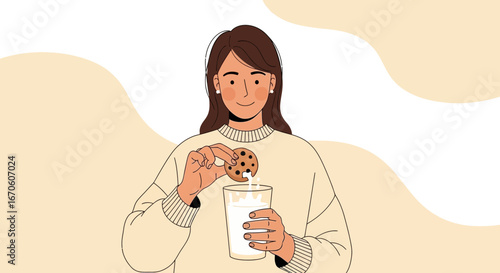 Woman Enjoying Simple Pleasure Dunking Chocolate Chip Cookie Into Glass Of Milk