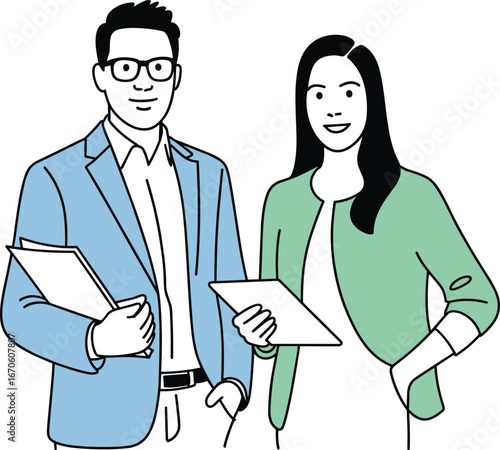 Business man and woman colleagues holding documents and tablet, teamwork cooperation illustration, professional office partners, workplace collaboration and communication concept.