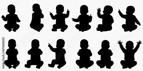 Collection of baby silhouettes in various poses, sitting, pointing, and reaching with arms raised.