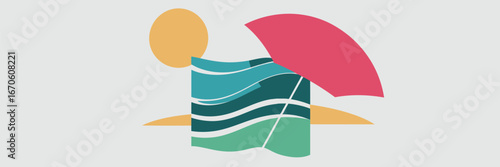 Stylized beach scene with a sun umbrella waves and sand in a minimalist vector illustration style